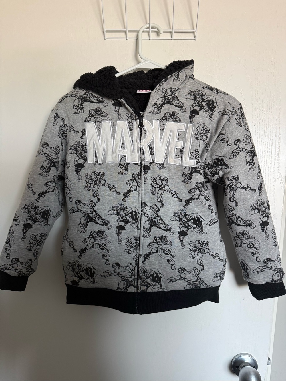 Marvel Kids' Gray Superhero Graphic Zip Hoodie Sherpa Lined Large (10/12)